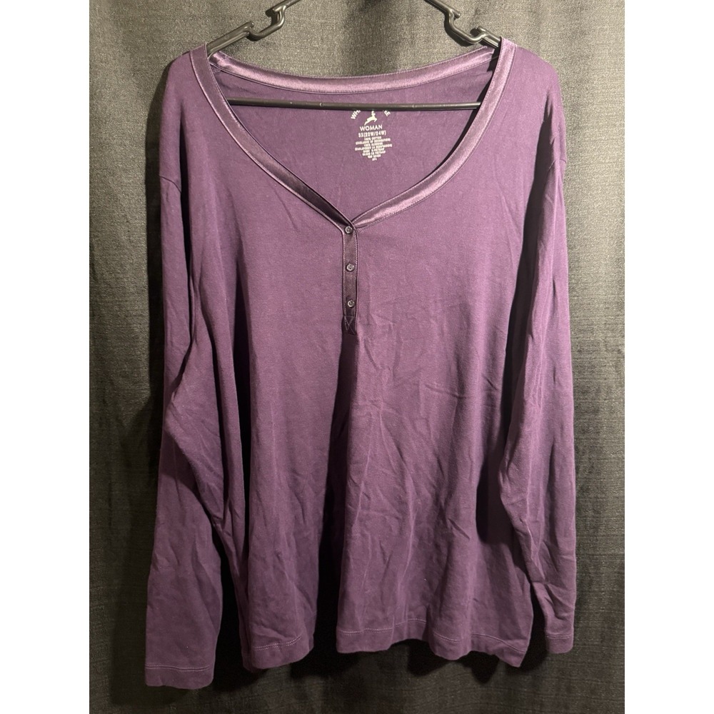 White Stag Women Plus 3X 22W 24W Purple Cotton Henley Long Sleeve Shirt Top